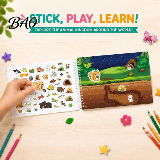 Creative Drawing Pads for Children Coloring Book with Animal Stickers, Rich Cartoon Patterns Coil Binding Skill Building Activity Book, Kids