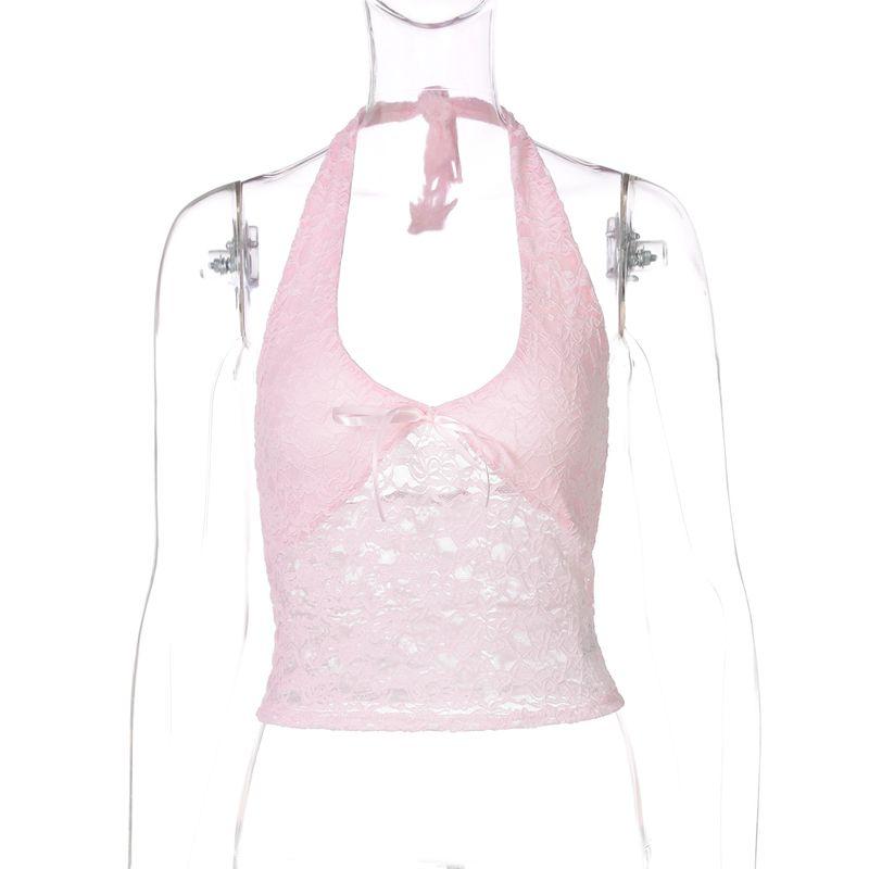 Shemoda Fashion Ins Style Sexy Cutout Backless Lace V-neck Patchwork Decorative Flower Halterneck Vest Tops Women's Clothing