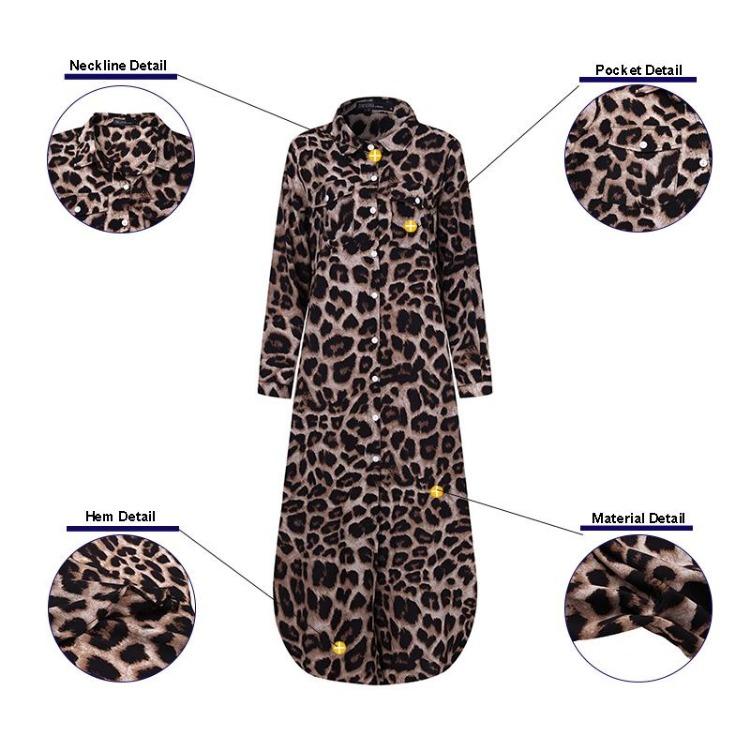 Summer Leopard Print Long Sleeve Shirt Dress for Women