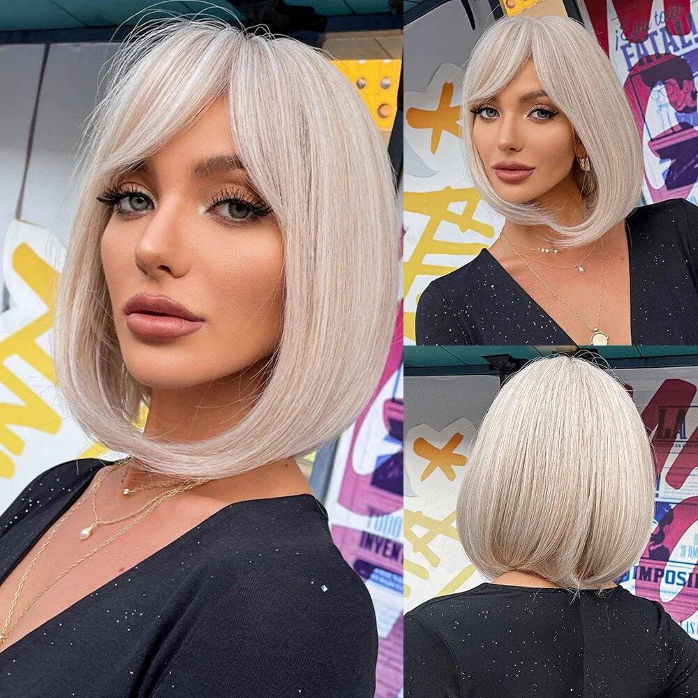 Short Orange Straight Bob Hair Synthetic Wigs with Bangs Orange Colorful Cosplay Party Wig for Women Heat Resistant Fiber Daily