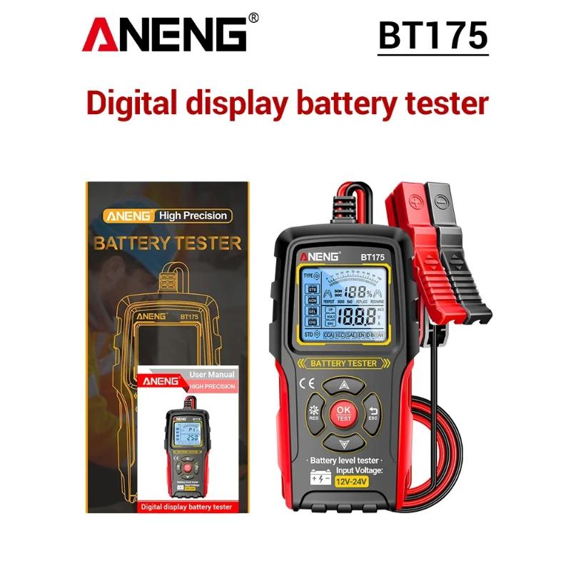 ANENG BT175 12V 24V Car Battery Tester Digital Alternator Automotive Analyzer Display Screen with Insulated Alligator Clip Tools with Digital Display