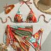 New European And American Apron Three-Piece Bikini Flower Print Lace-Up Swimsuit Women'S Swimsuit