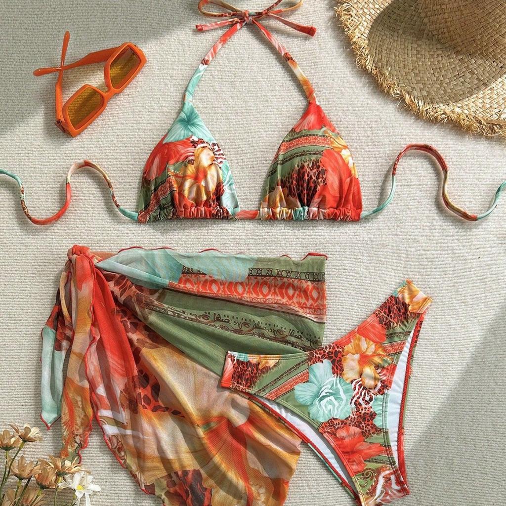 New European And American Apron Three-Piece Bikini Flower Print Lace-Up Swimsuit Women'S Swimsuit