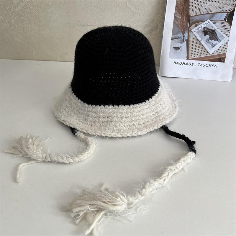 Winter women's color matching straps cute travel warm knitted hat imitation rabbit fur fashion wool hat