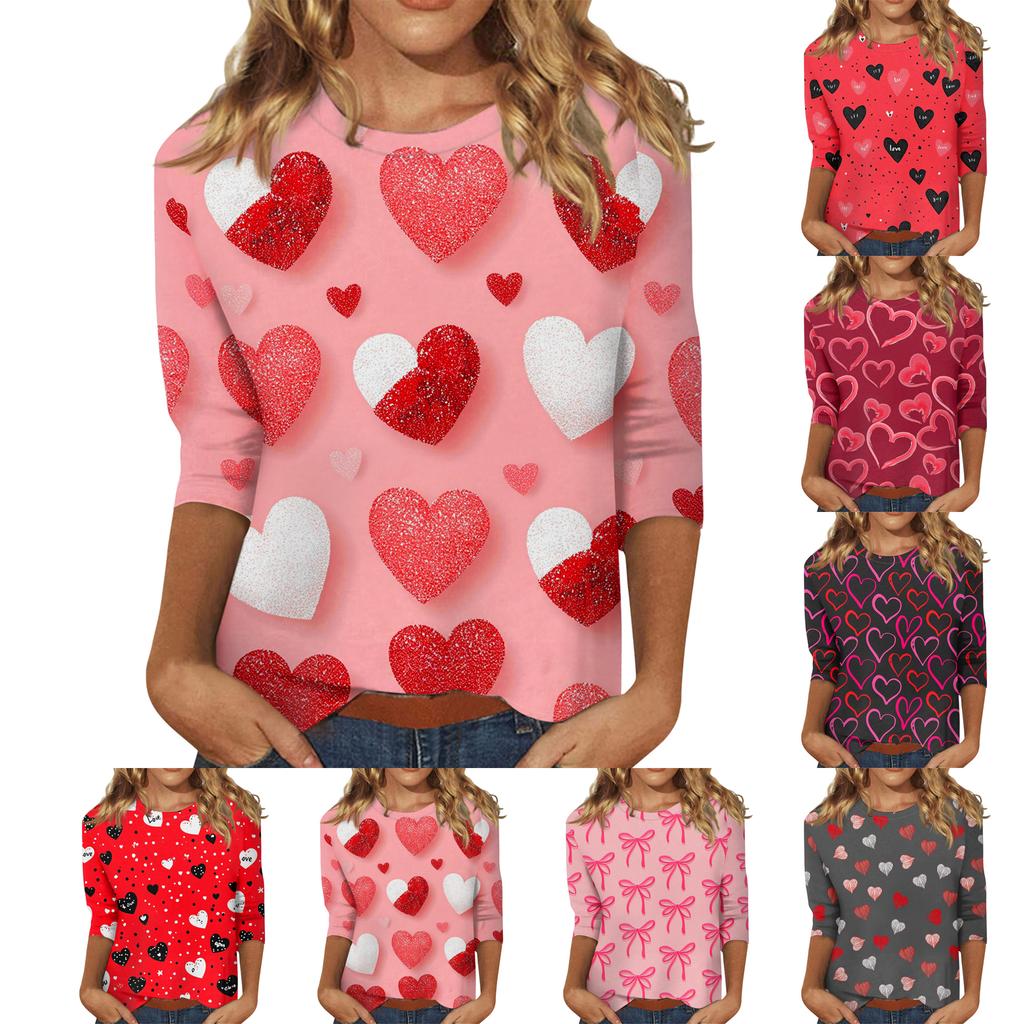 Women's Tops Three-quarter Sleeve Valentine's Day Shirt Round Neck Loose Casual Shirt