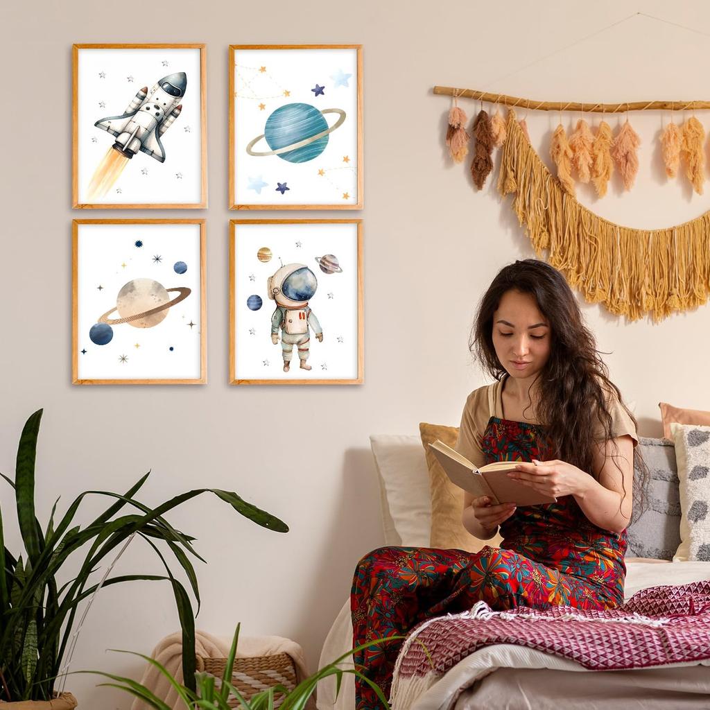 VIIJJUE Space Nursery Decor, Outer Space Rocket Astronaut Planets Wall Art Prints Set of 4, Decor for Boys Room, Solar System Wall Art for Nursery
