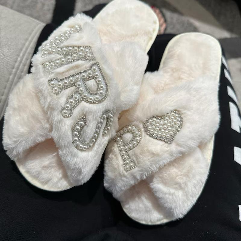 Women Home Furry Slippers Fork Strap Bride Wedding MRS Slippers Cozy Indoor Footwear