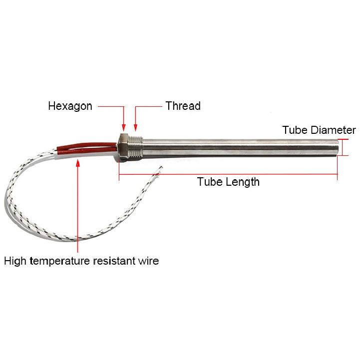 FCABA 8mm Dia 350~600mm DN8/12mm Threaded Single-head Heating Tube 110V/220V/380V 201 Stainless Steel Heating Rod with Nut