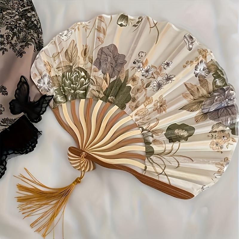 1pc Elegant Vintage Chinese Ink Wash Folding Fan with Floral Design & Tassel - Portable Handcrafted Dance Accessory for Women/Men