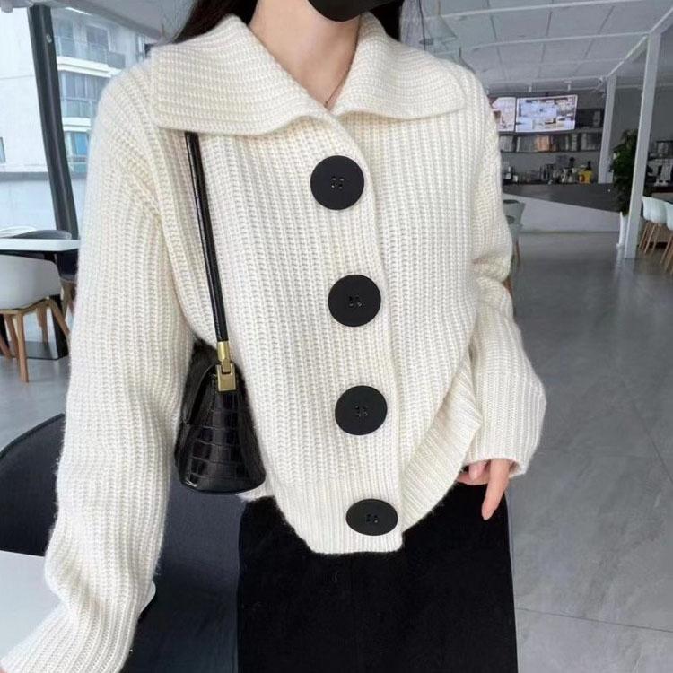 Korean Version Loose and Lazy Style Knitted Cardigan Top for Women In Autumn and Winter 2025 New Item, Lapel Single Breasted Sweater Jacket for Women
