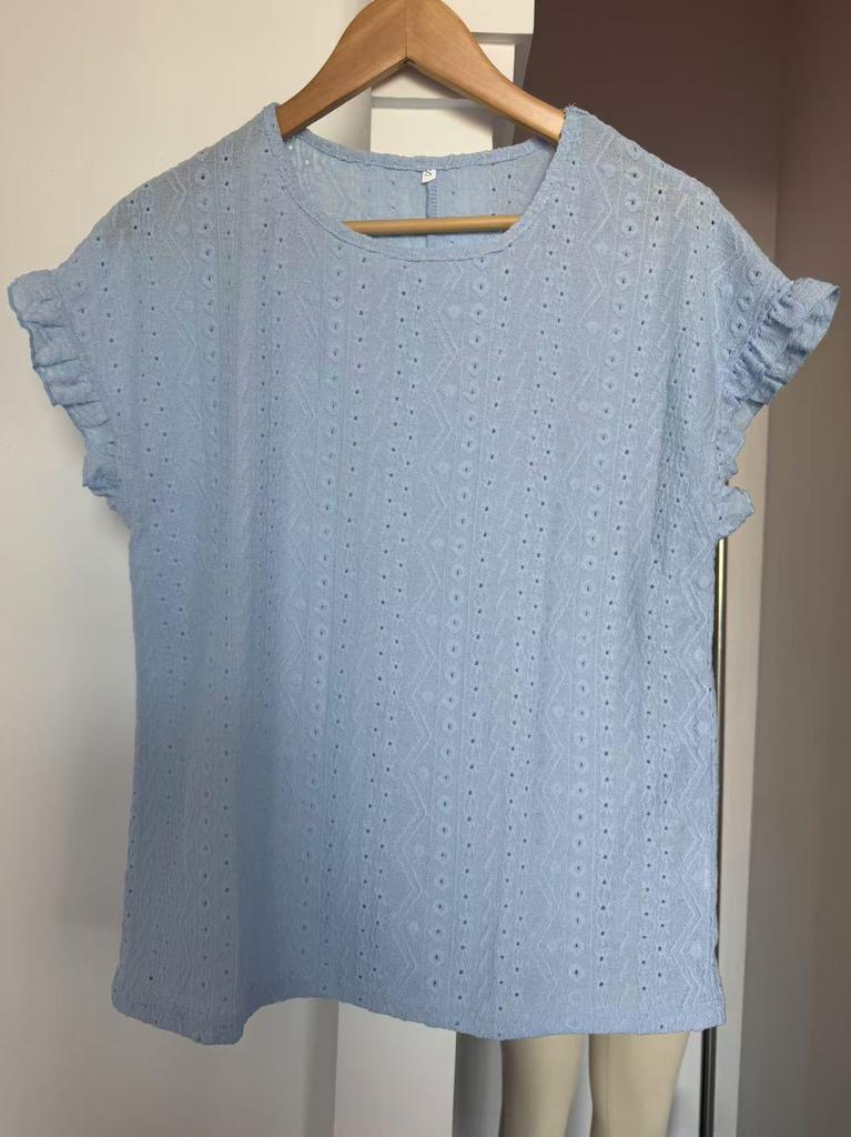 Women Solid Crew Neck Short Sleeve T‑Shirt Hollow Out Petal Sleeve Loose Casual Blouse For Spring Summer Daily Wear