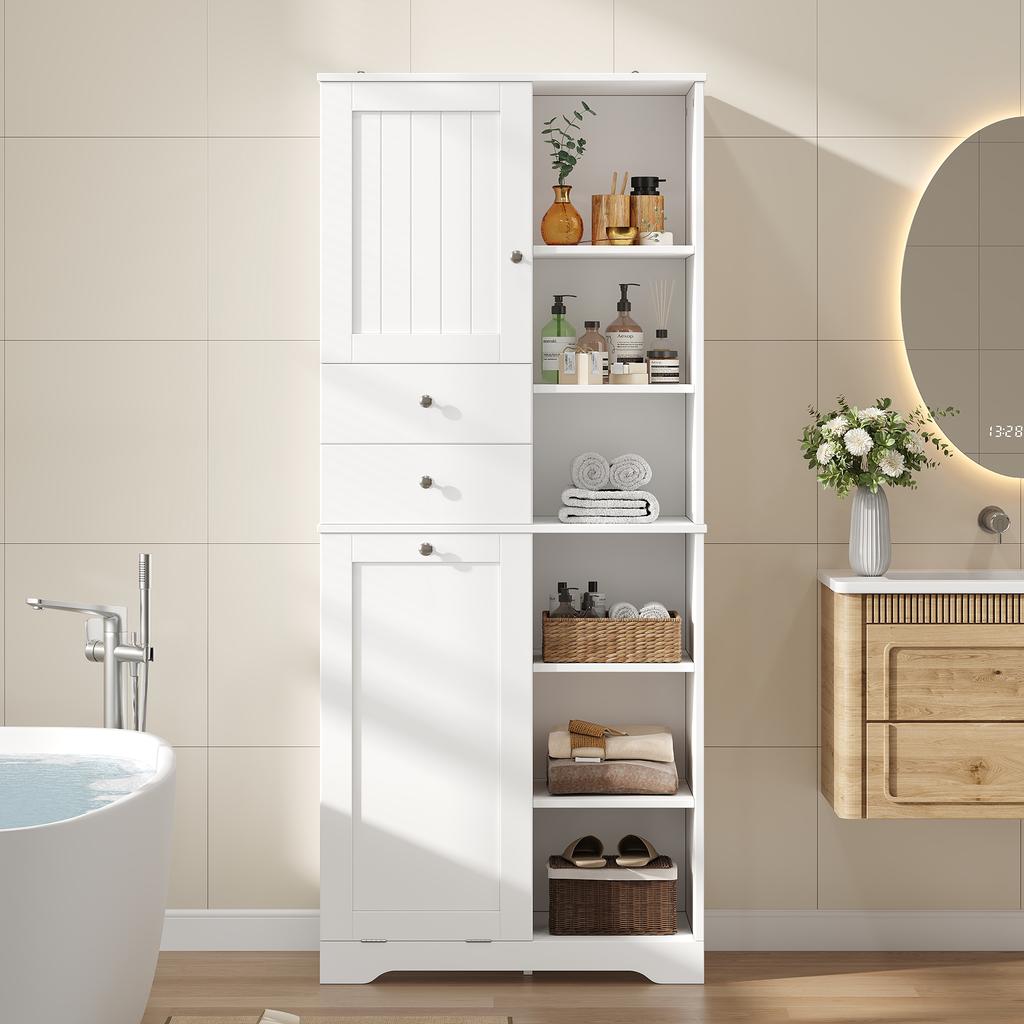 60×37×171 cm, Tall Bathroom Cabinet, MDF, 2 Drawers, Laundry Basket with Flap, Adjustable Shelves, Soft-Close Hinges, Tip-Over Protection, White.