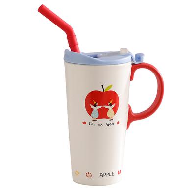 Cute Red Apple Girl Ceramic Straw Cup Large Capacity Drinking Cup with Lid Office Household Milk Cup