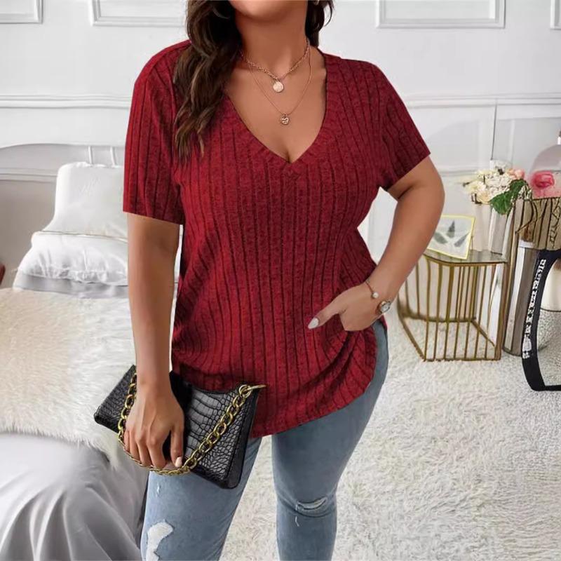 Spring Summer Women's Tops Solid Color V-neck Loose Pit Stripe Brushed Short Sleeved T Shirt
