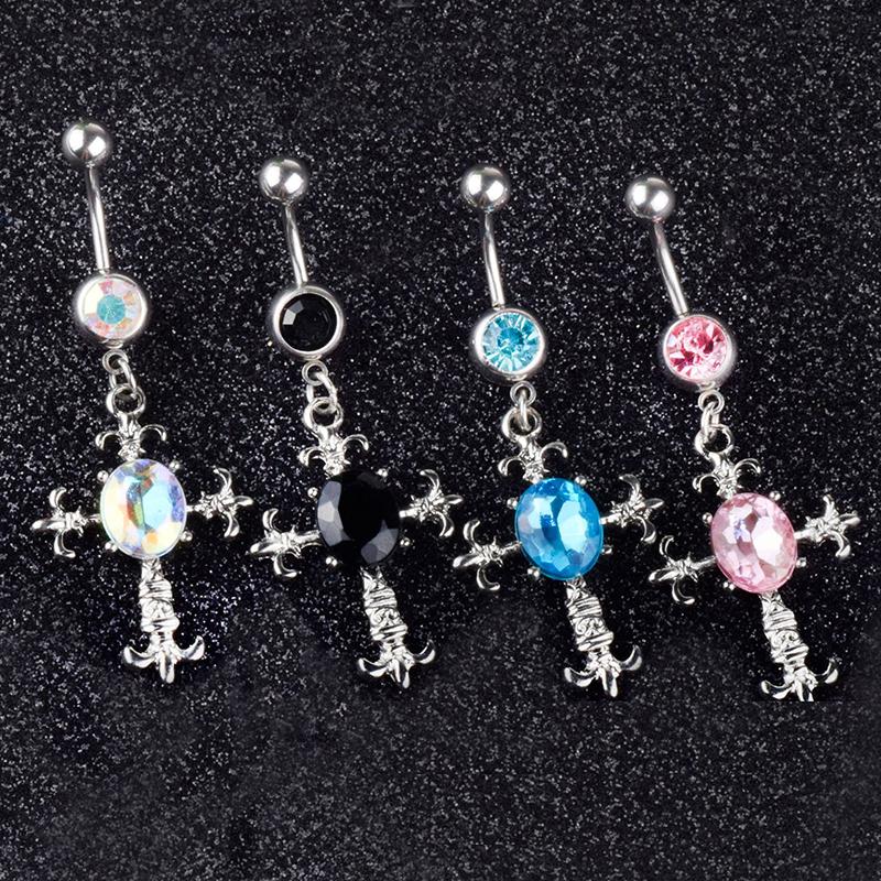 Hängande navelpiercing i rostfritt stål med kors Punk Cool Navelnagel För Kvinnor Kroppspiercingsmycken