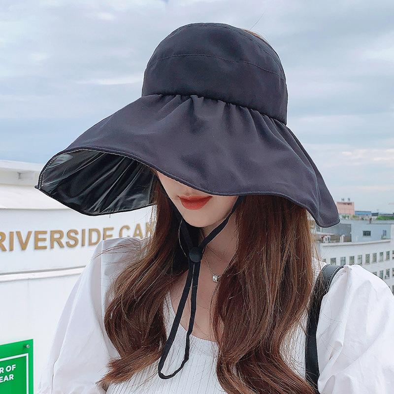 Wide Brim Solid Empty Top Sun Hats for Women Black Plastic Anti-UV Summer Hat Breathable Beach Sunshade Hat Foldable Visor Cap