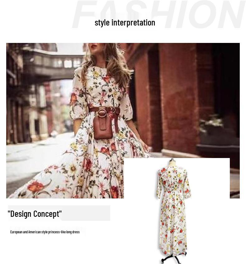 Retro Floral Long Dress with Round Neck and Large Swing - 2024 European & American Style