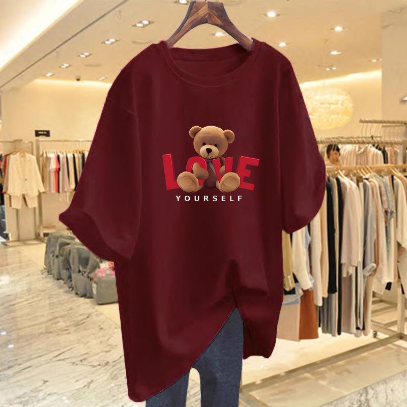 Women's Summer Bear Print Cotton T-Shirt - Korean Style, Loose Fit, Short Sleeve