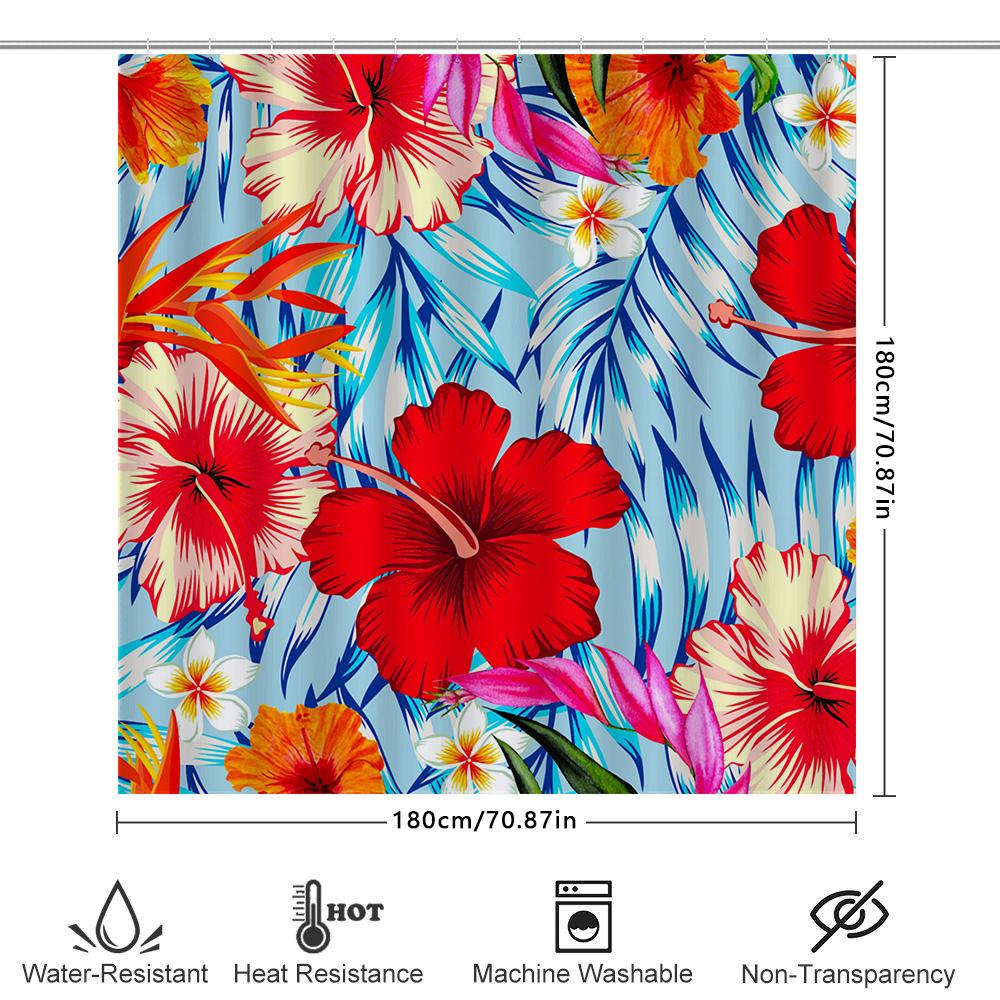 Bright Tropical Flower Shower Curtain Set Decorate Your Bathroom With This Vibrant Floral Print (Red/Orange Color) Waterproof Fa