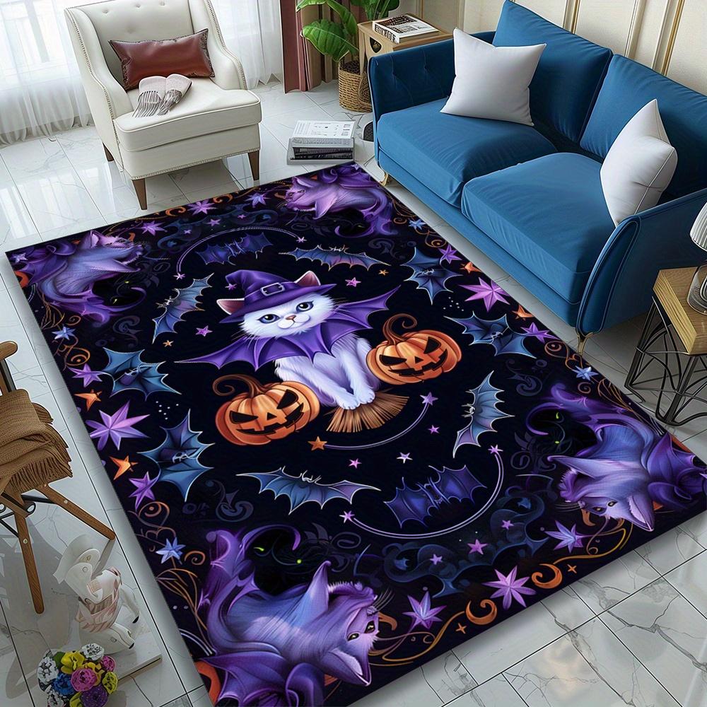 All Saints' Day Themed Rug: Comfortable and Versatile Printed Area Carpet with a Cute Cat and Pumpkin Design, Perfect for Your