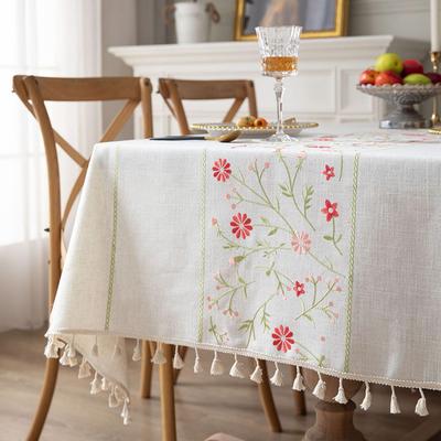 Tovaglia Minimalista Moderna Ricamata in Lino Copritavola da Pranzo Rustico con Fiori Bianchi