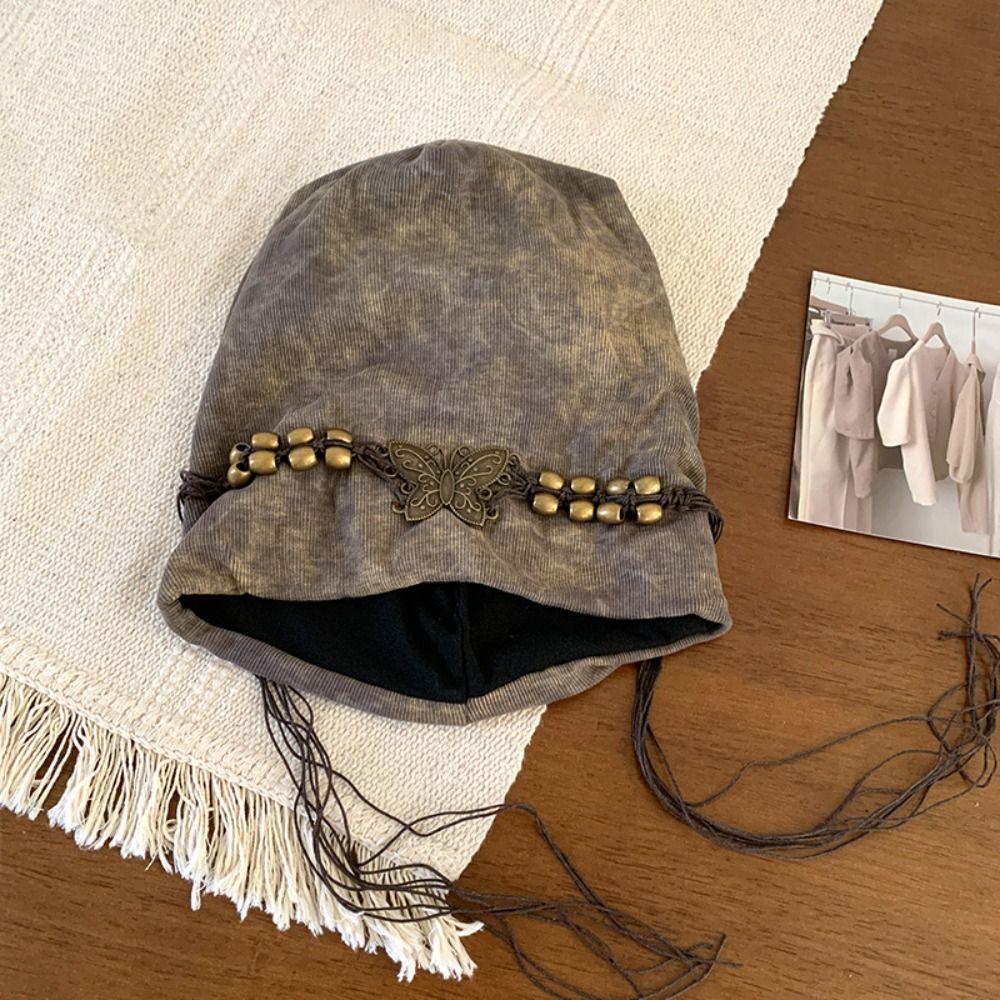 Tassels Beaded Butterfly Hat Weave Knitted Tie-dye Hat Wasteland Pullover Cap  Apparel Accessories