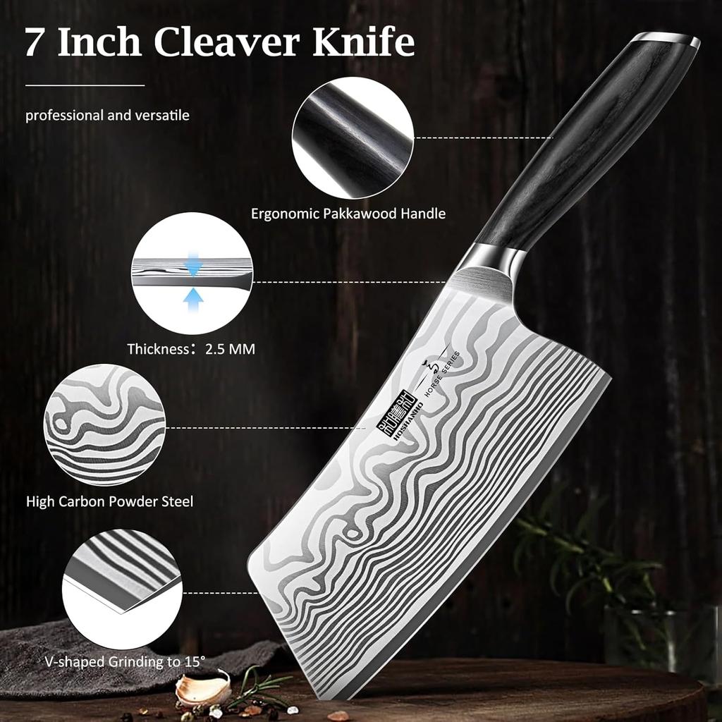 Cleaver 7 Inch, Razor Sharp High Carbon Powder Steel Meat Cleaver, Professional Butcher Chopper Kitchen for Meat Cutting Vegetable Slicing
