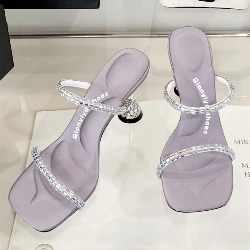 Fashion Luxury Rhinestone Open Toe Women Sandals Square Toe Thin Heel Designer Slide Sandals Summer Fashion High Heel Shoes for Woman