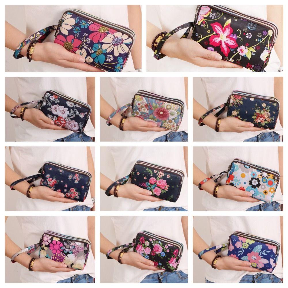 Print Flower Wallet Waterproof Three Zippers Bags Casual Canvas Wallet  Ladies