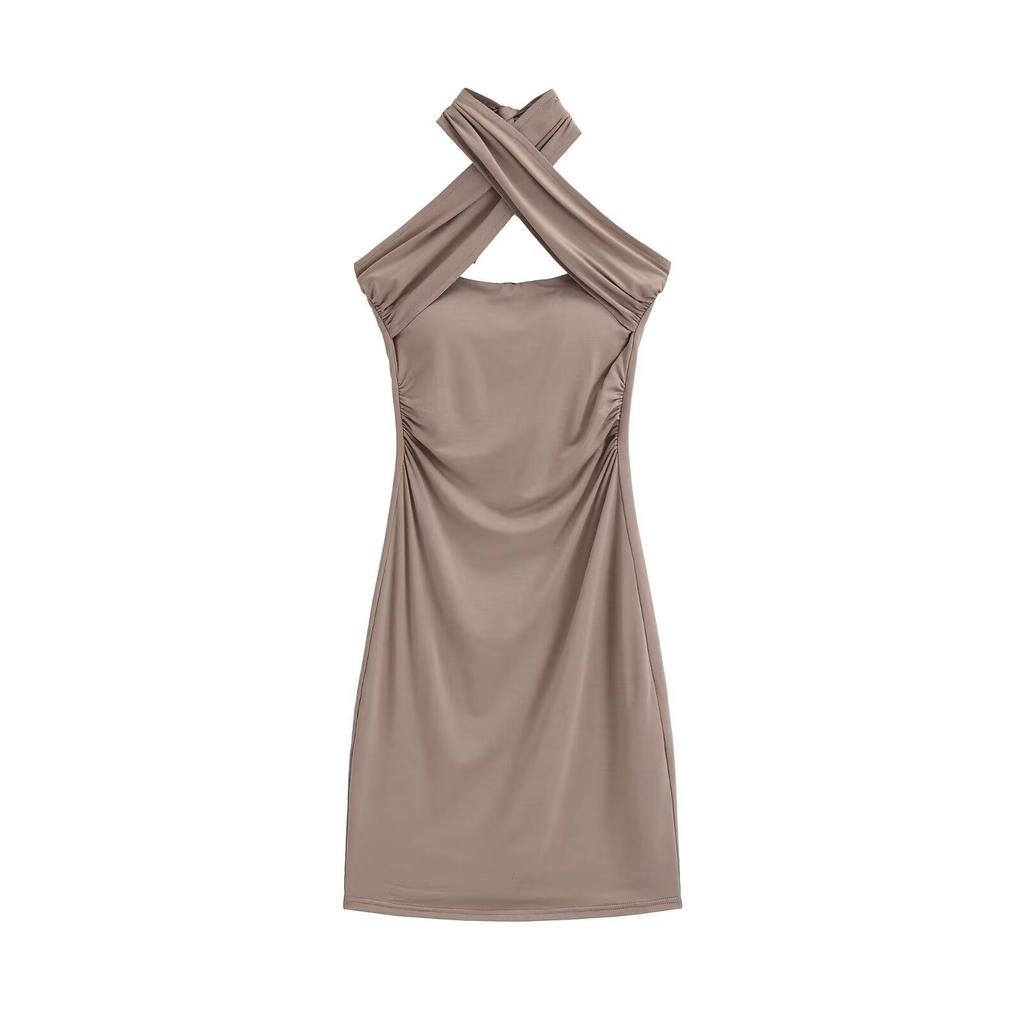 Elegant Halter Neck Cross Strap Bodycon Dress: Mature, Fashionable, Slim Fit Short Skirt for Women 2026.