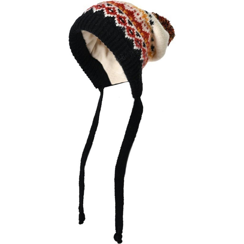 Women's Fair Isle Pullover Cap with Ear Flaps, Plush Pom-pom, Fleece , Thickened and Warm Wool Hat