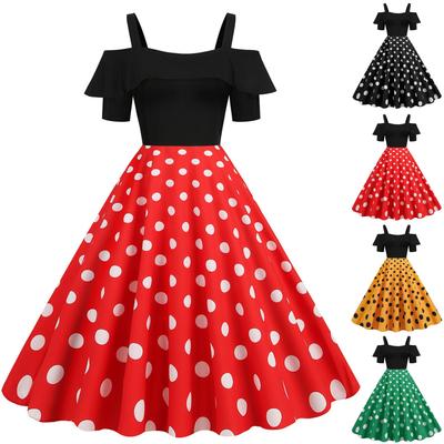 Women's Fashion Casual Retro  With Flound-fringed Short Sleeved Black Patchwork Dot Big Skirt