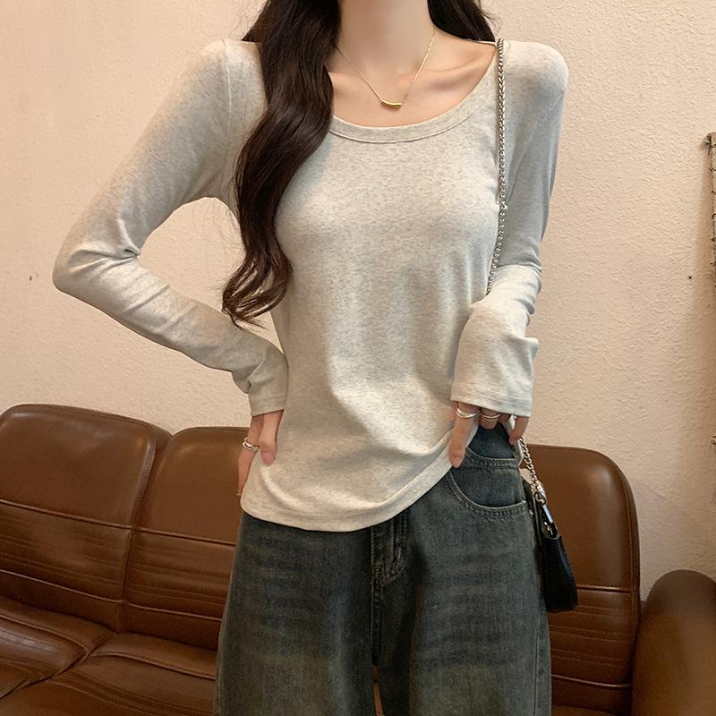 

Cotton 9% elastane% threaded shirt women s autumn and winter thin slim fit solid color round neck long sleeve t lazy XL