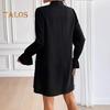 Women Dress Lace-up Bow Faux Pearl A-line Puff Sleeves Pure Color Above Knee Length Mini Dress Prom Party Dating Short Dress
