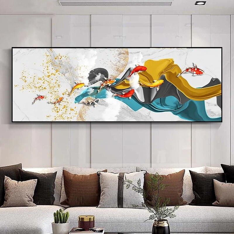 Chinese Style Koi Canvas Poster And Prints Nine Fish Illustration Feng Shui Carp Lotus Pond Wall ArtPainting For Decor No Frame