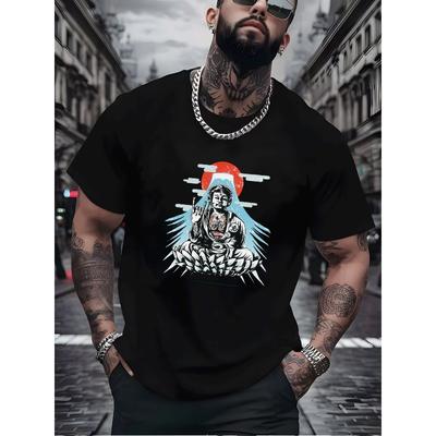 Europäische Größen Herren Mode Trendiger Street Style Buddha Grafikdruck T-Shirt Herren Freizeitkleidung