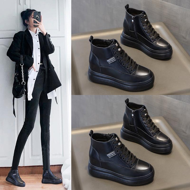 New women's inner height increase leather popular versatile non-slip breathable horse west boots women's platform casual high-top shoes