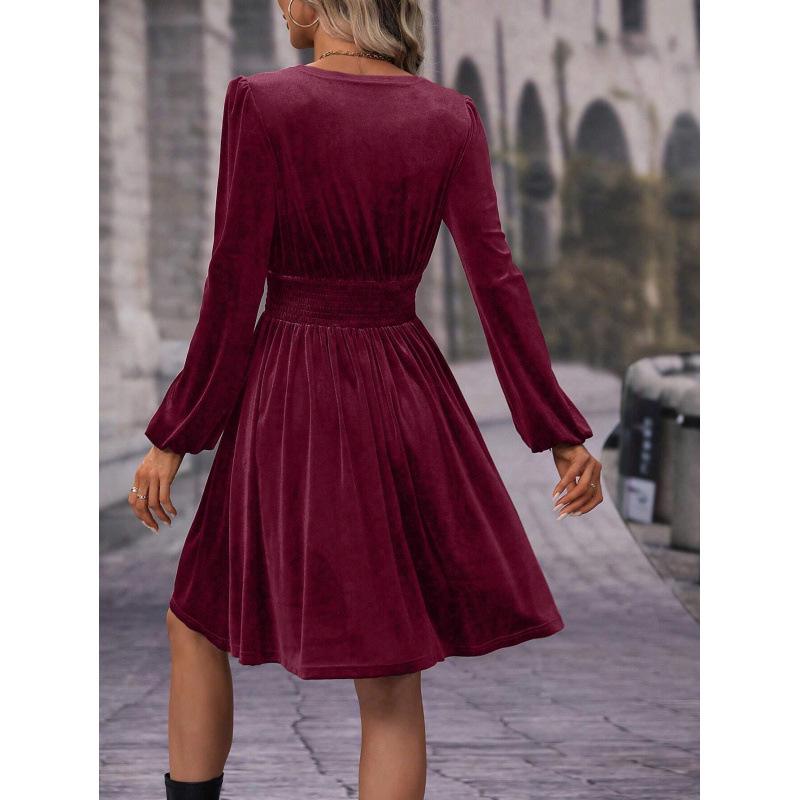  New Autumn/Winter Velvet V-Neck Long-Sleeve Dress – European & American Style