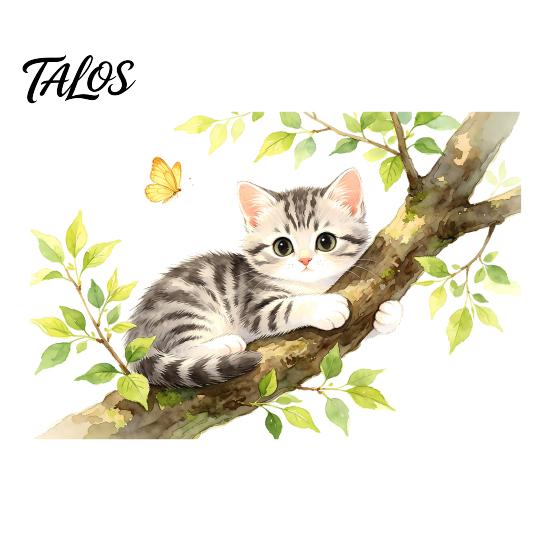 Electrostatic Window Decal Cartoon Cat on The Tree Branch Cling, Cute Watercolor Clear Hair Texture Sticker Butterflies Plants for Kids Room Bathroom