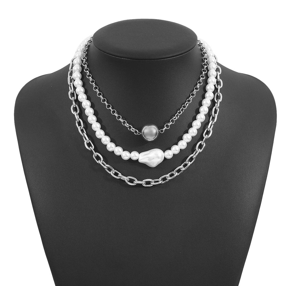 

French temperament pearl mix and match light luxury geometric collarbone chain niche hollow chain multi-layer stacked necklace