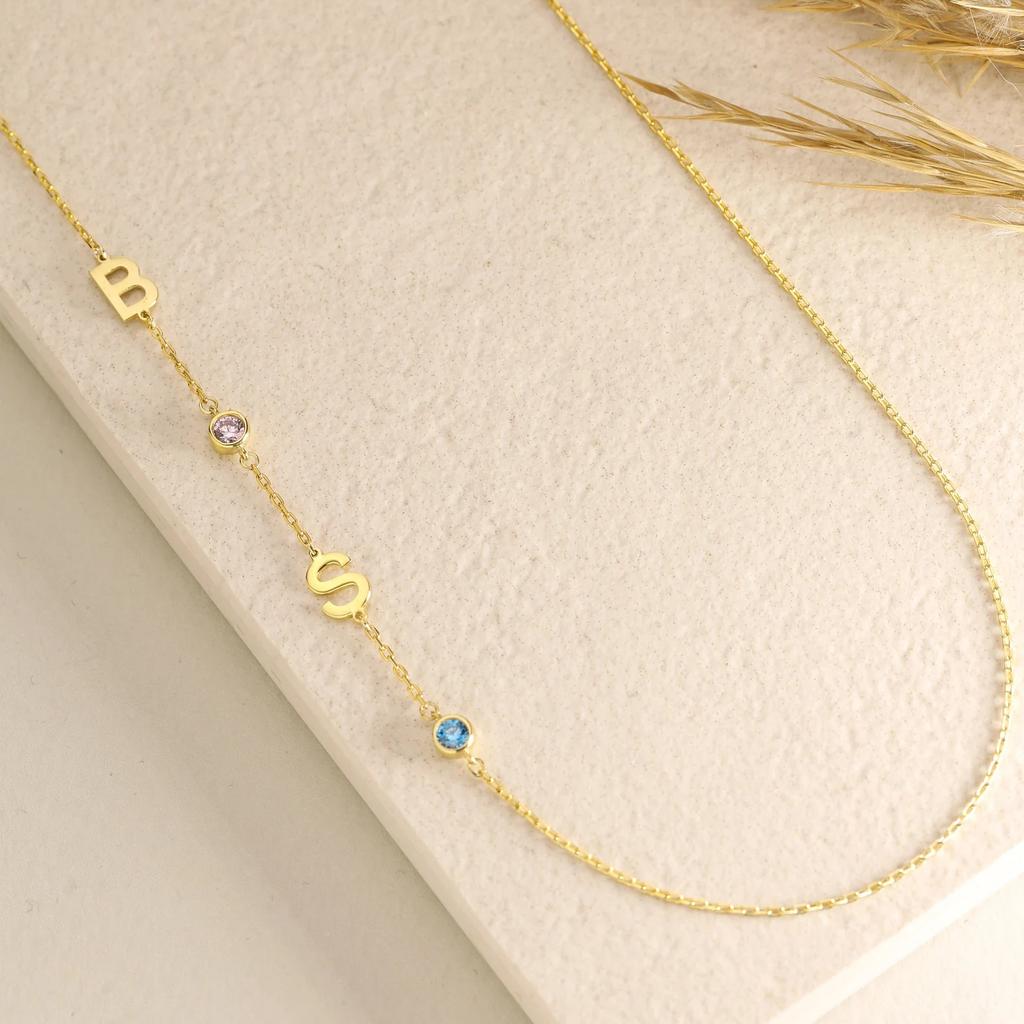 Sideways Initial Birthstone Necklace Personalized Birthstone Initial Necklace Birthstone Letter Necklace for Mother Gift for Mom