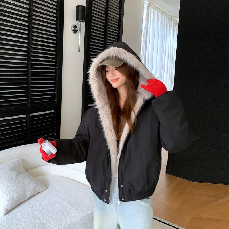 Hip-hop wind fur collar jacket women's winter small man thickened hooded cotton-padded coat design sense short cotton-padded clothes