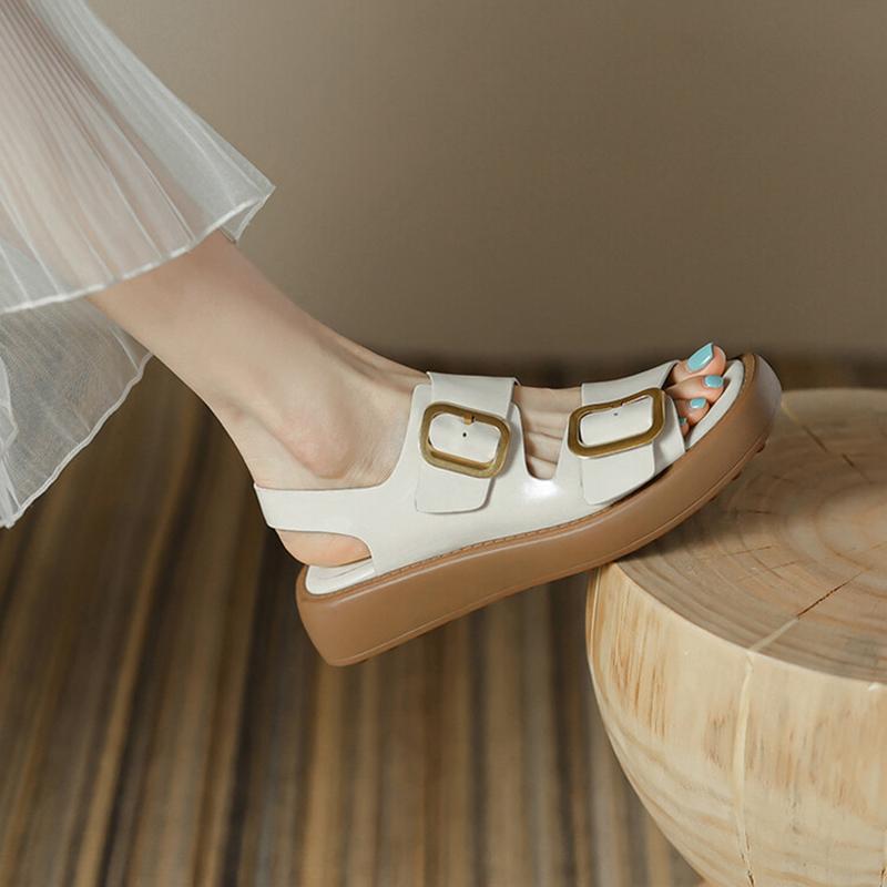 Fashion 2024 Summer Women Shoes Fashion Round Toe Thick Heel Women Sandals Split Leather Solid Sandals Platform Casual Roman Shoes Women