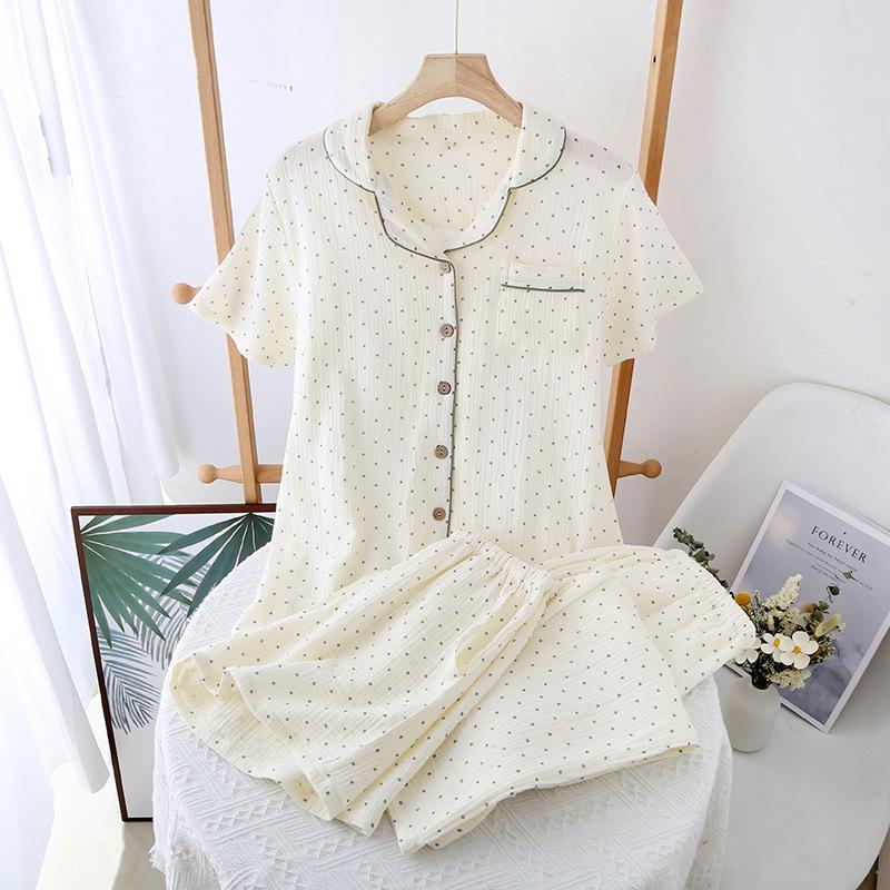 Pajamas women's three-piece summer cotton thin crepe cotton lapel short-sleeved trousers shorts women's loungewear set