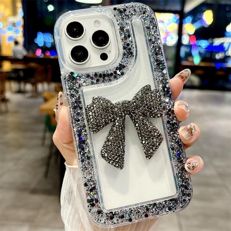 Glitzer Strass Große Schleife iPhone 16/15/14/13/12 Transparent Hülle.