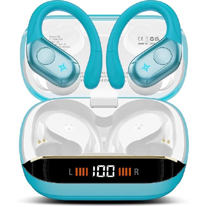 Wireless Earbuds Bluetooth 5.4 Headphones Sports, 75H Stereo Deep Bass Over Ear Buds with Earhooks, Bluetooth Earbuds with 4 ENC Mic, LED Display,