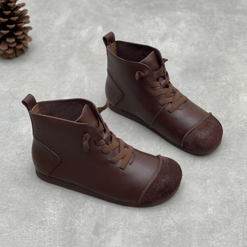 Autumn and winter new cowhide short boots literary and retro style soft leather soft bottom velvet warm leather Martin boots