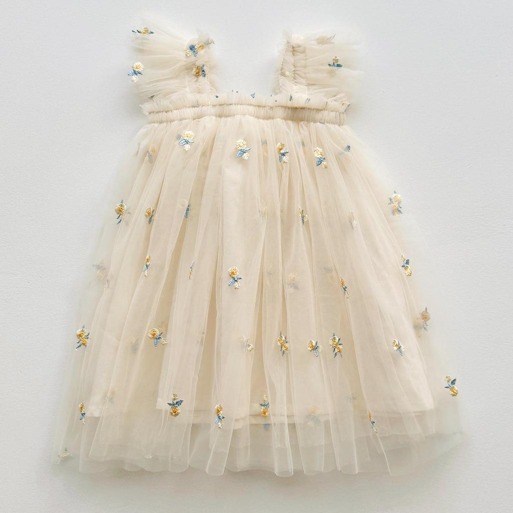 Girls' Flower Embroidered Tulle Dress: Summer Style with Puff Sleeves and Net Yarn Skirt