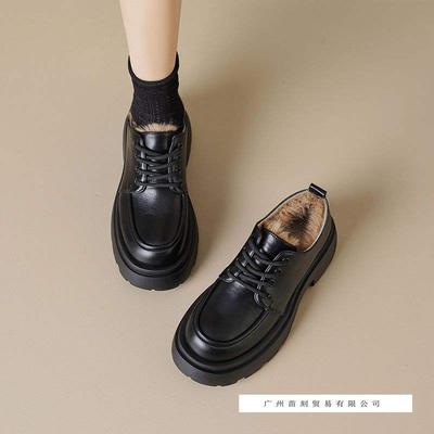 Retro British Style Small Leather Shoes Women's Winter Velvet Cotton Shoes One Pedal Thick-soled Thick-heeled Loafers