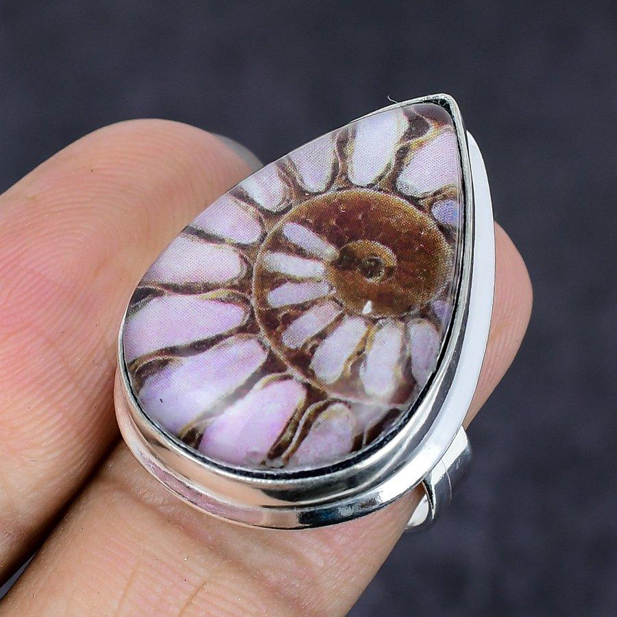 Natural Ammonite Fossil Gemstone 925 Sterling Silver Jewelry Ring Size 7 C9y28